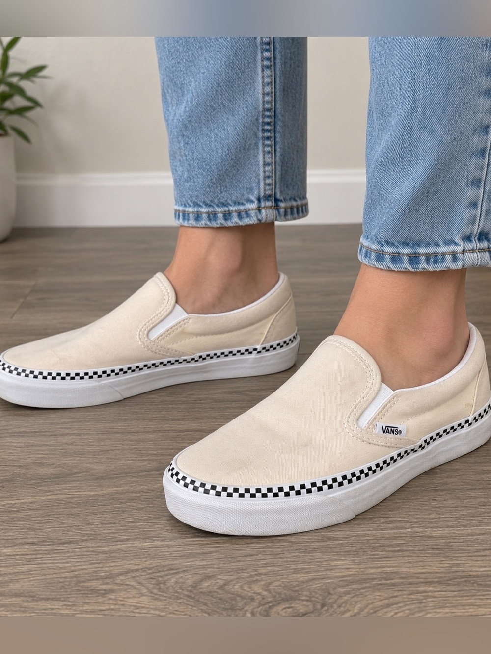 Vans Classic Slip-On Cream Beige Checkerboard Trim Sneakers